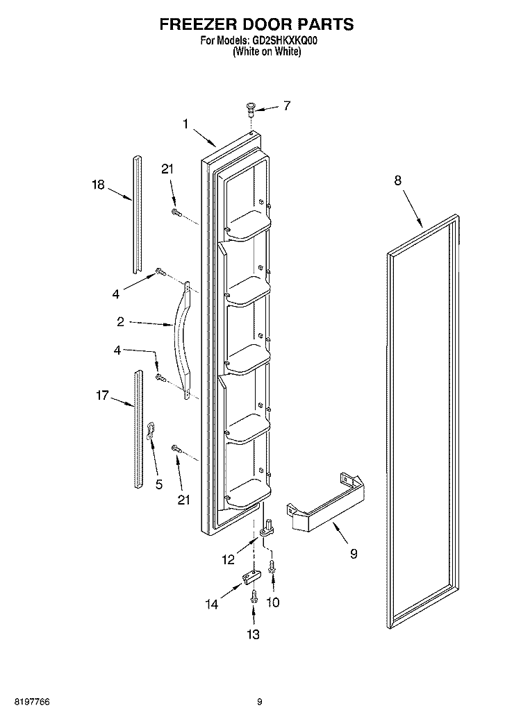 FREEZER DOOR Diagram and Parts List for GD2SHKXKQ00  Whirlpool Refrigerator