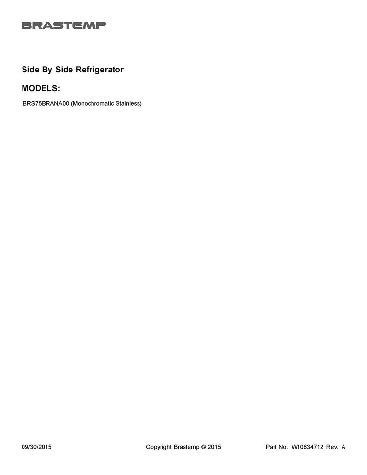 Cover Sheet Diagram and Parts List for BRS75BRANA00  Whirlpool Refrigerator