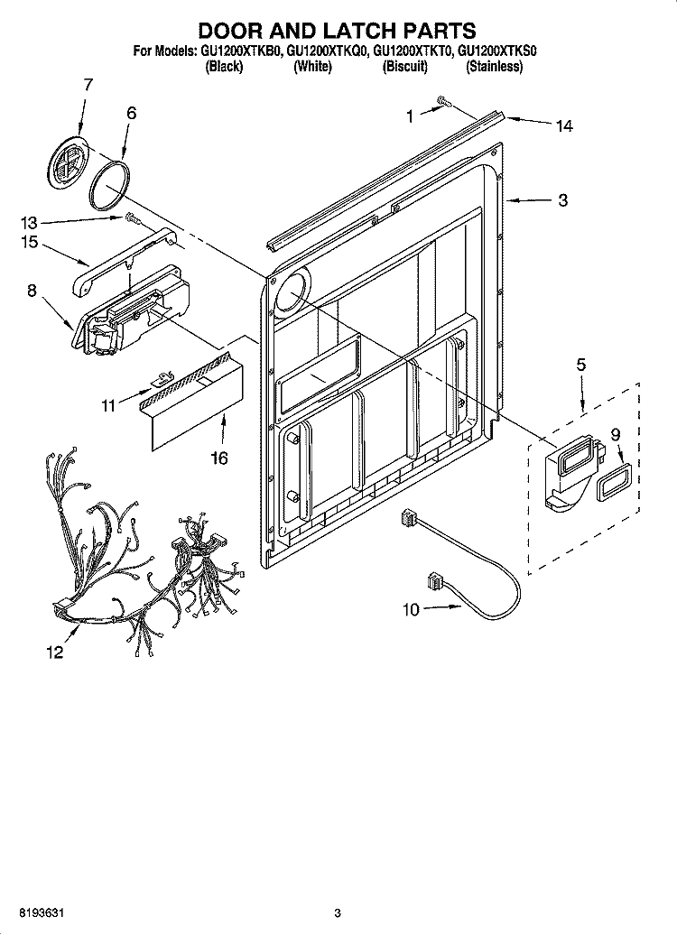 DOOR AND LATCH PARTS Diagram and Parts List for GU1200XTKT0  Whirlpool Dishwasher