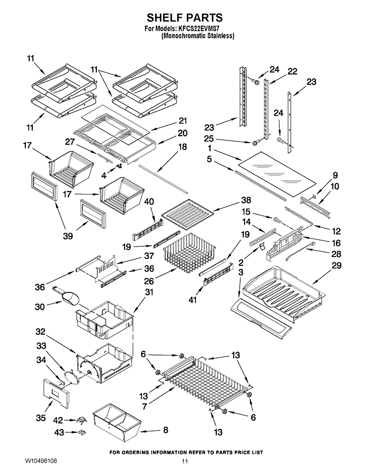SHELF PARTS Diagram and Parts List for KFCS22EVMS7  KitchenAid Refrigerator