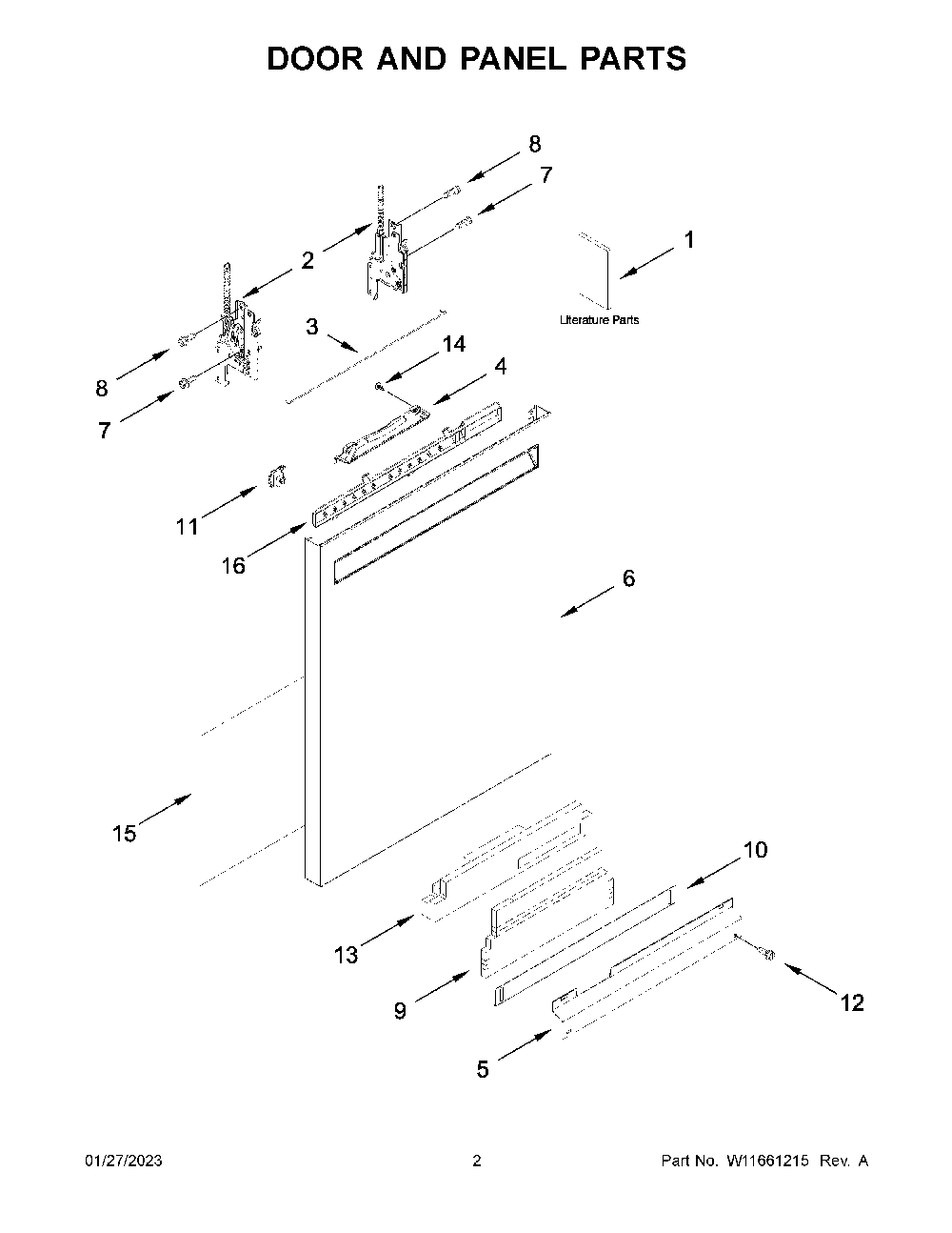 Door And Panel Parts Diagram and Parts List for KDFE204KBL1  KitchenAid Dishwasher