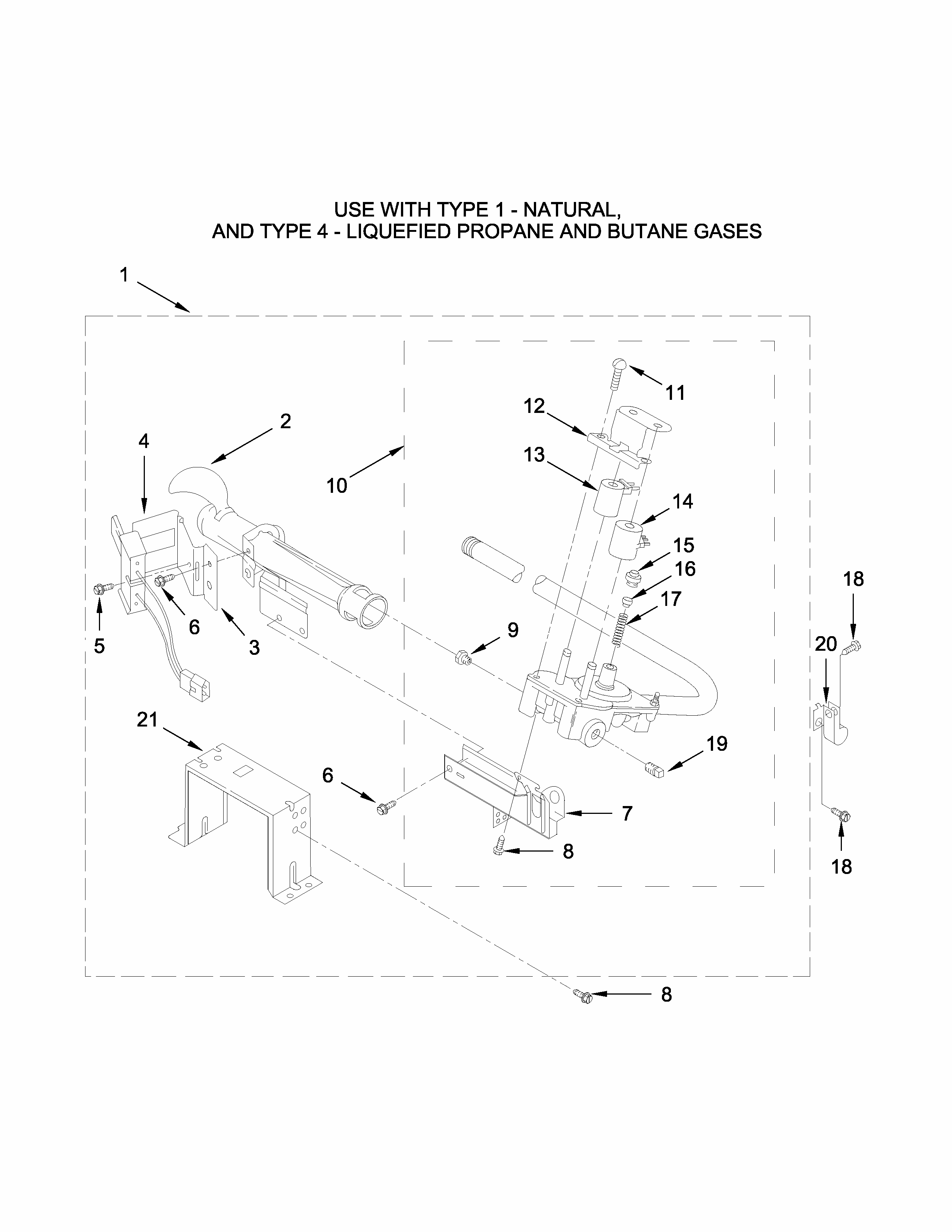W10608838 Burner Assembly Parts Diagram and Parts List for 11079132411  Kenmore Dryer