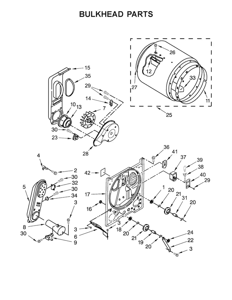 Bulkhead Parts Diagram and Parts List for 11076132410  Kenmore Dryer