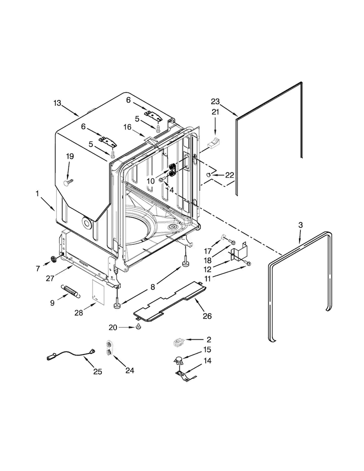 Tub And Frame Parts Diagram and Parts List for WDT790SAYW3  Whirlpool Dishwasher