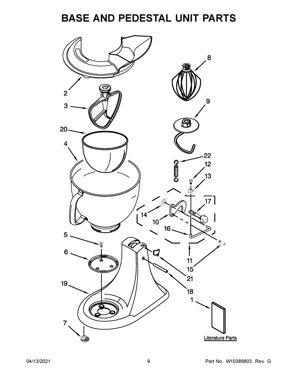 Base And Pedestal Unit Parts Diagram and Parts List for 5KSM160PSABM0  Whirlpool Mixer