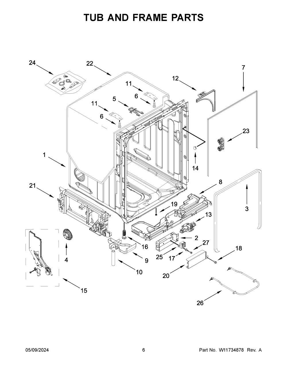 Tub And Frame Parts Diagram and Parts List for KDTE104KPS3  KitchenAid Dishwasher
