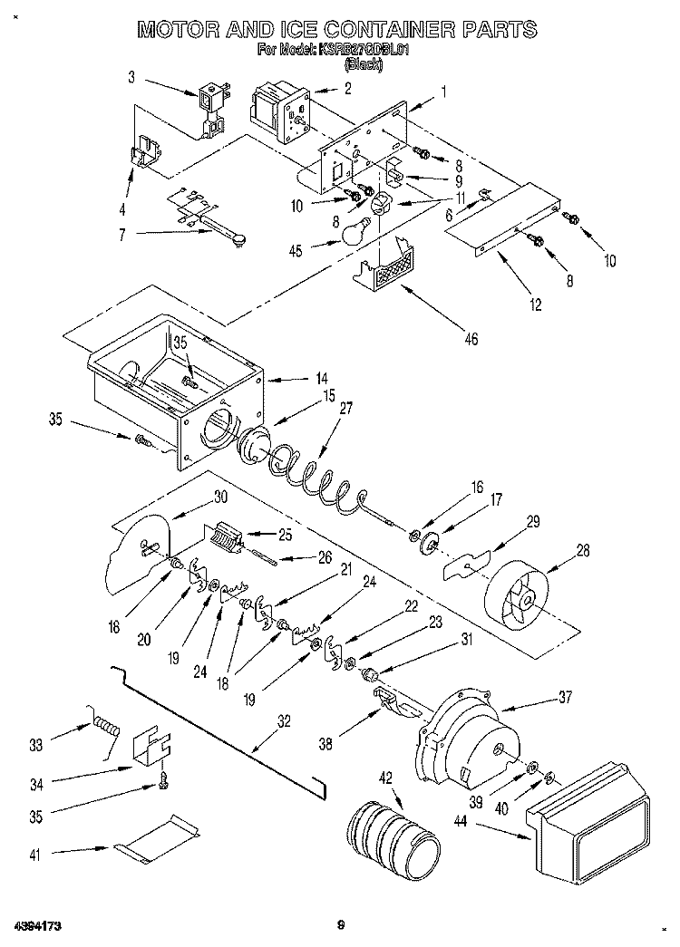 MOTOR AND ICE CONTAINER Diagram and Parts List for KSRB27QDBL01  KitchenAid Refrigerator