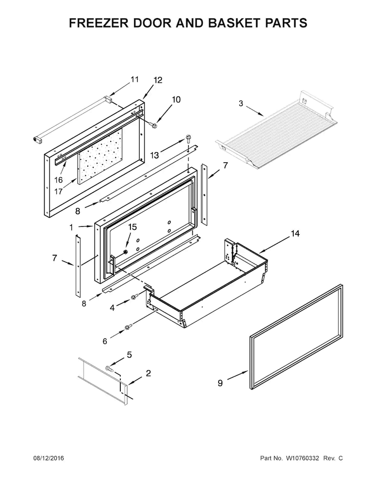 Freezer Door And Basket Parts Diagram and Parts List for KBFN502ESS00  KitchenAid Refrigerator
