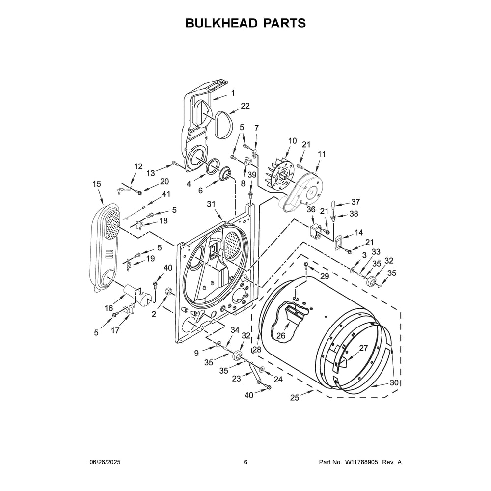 Bulkhead Parts Diagram and Parts List for WGD4107SW0  Whirlpool Dryer