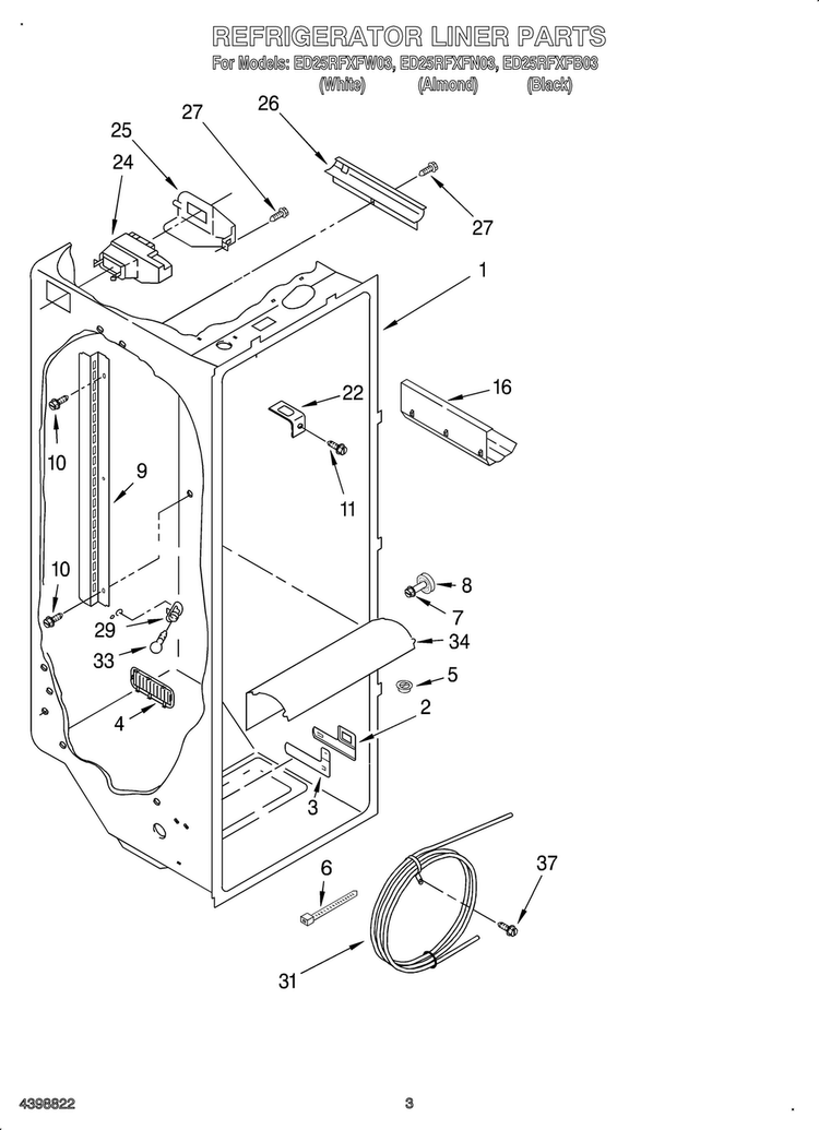 Refrigerator Liner Diagram and Parts List for OEMED25RFXFW03  Whirlpool Refrigerator
