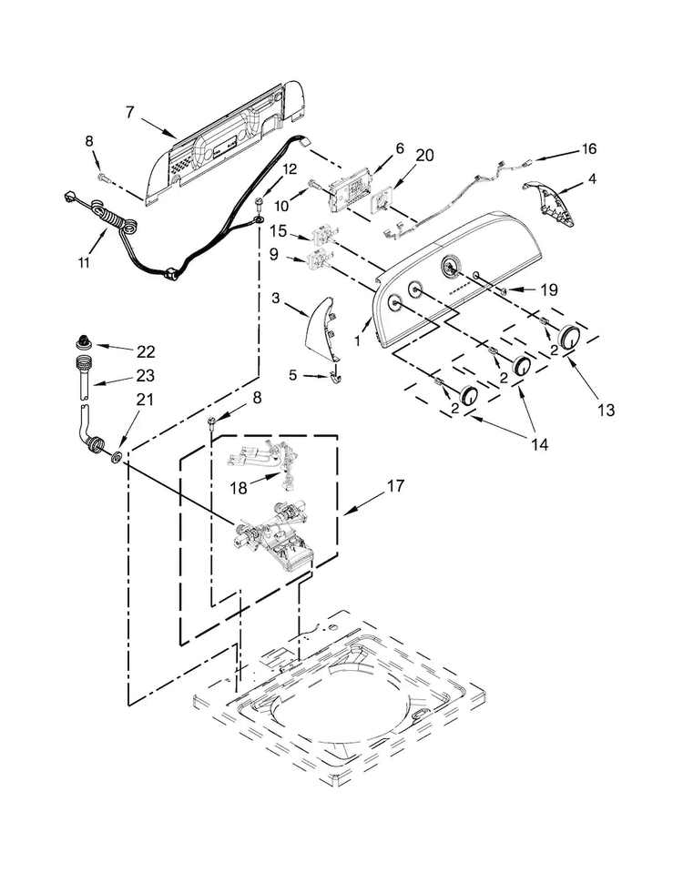 Controls And Water Inlet Parts Diagram and Parts List for 7MWTW1504DQ1  Whirlpool Washer