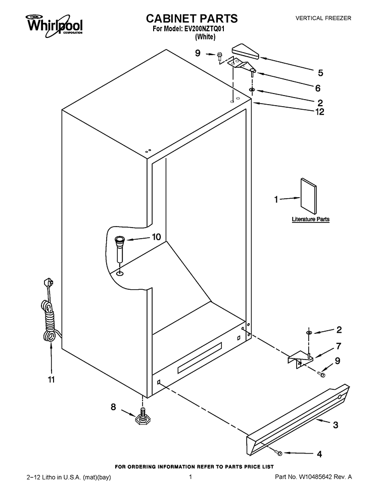 CABINET PARTS Diagram and Parts List for EV200NZTQ01  Whirlpool Freezer