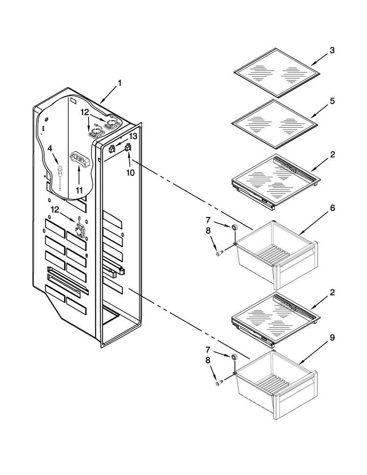 Freezer Liner Parts Diagram and Parts List for WRS965CIAM01  Whirlpool Refrigerator