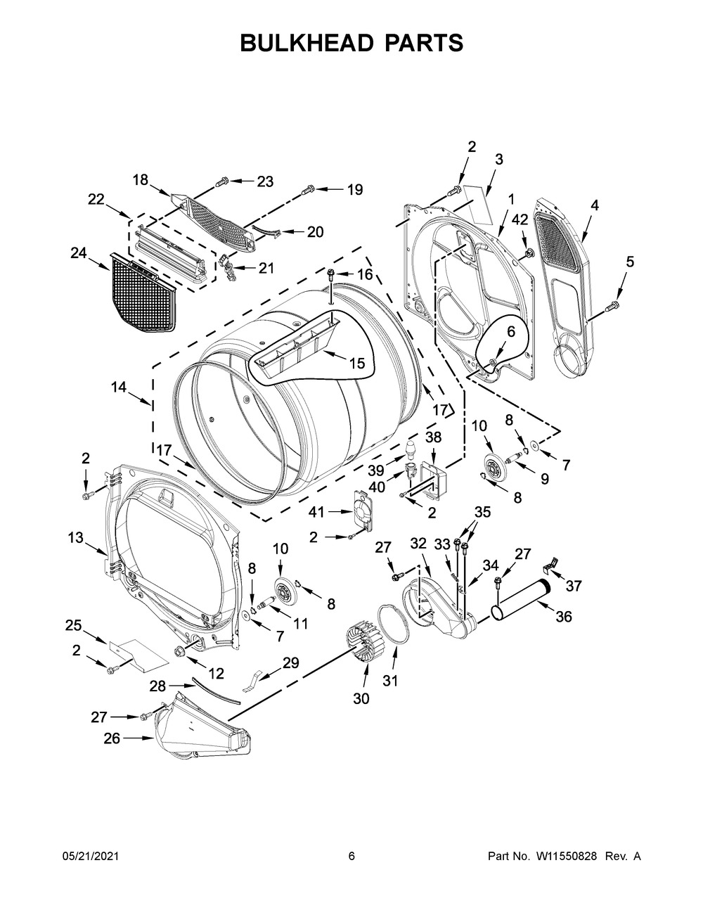 Bulkhead Parts Diagram and Parts List for YMED6230HW2  Whirlpool Dryer