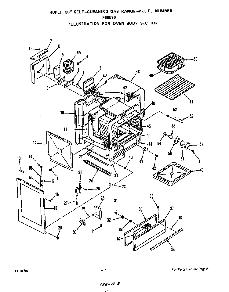 Oven Body Diagram and Parts List for F8857*0  Roper Range