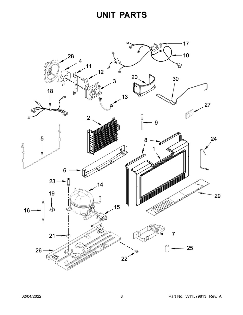 Unit Parts Diagram and Parts List for GAFZ30FDGB04  Whirlpool Freezer