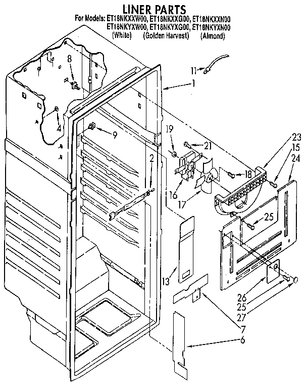 Liner Diagram and Parts List for ET18NKYXG00  Whirlpool Refrigerator