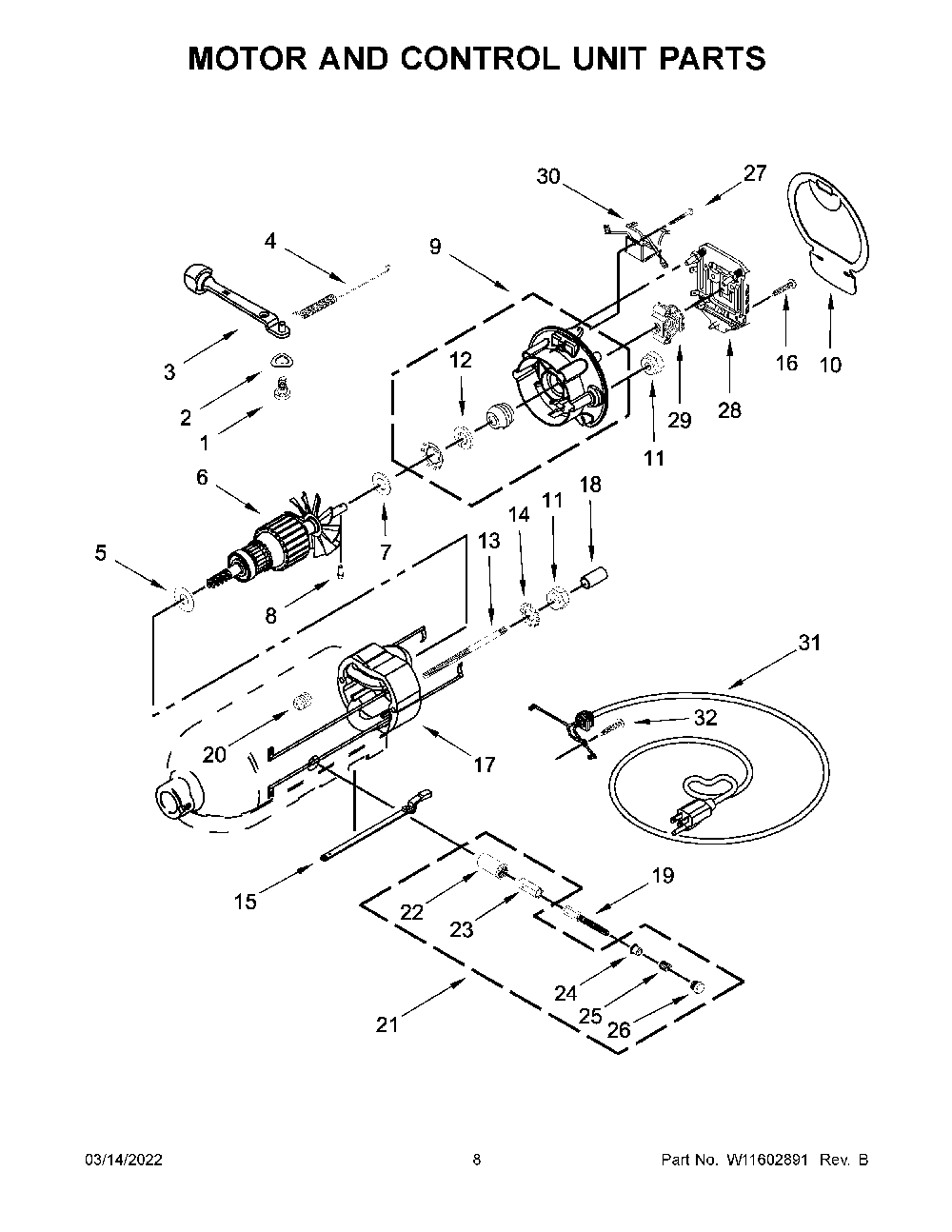 Motor And Control Unit Parts Diagram and Parts List for 5KSM195PSWBM0  KitchenAid Mixer