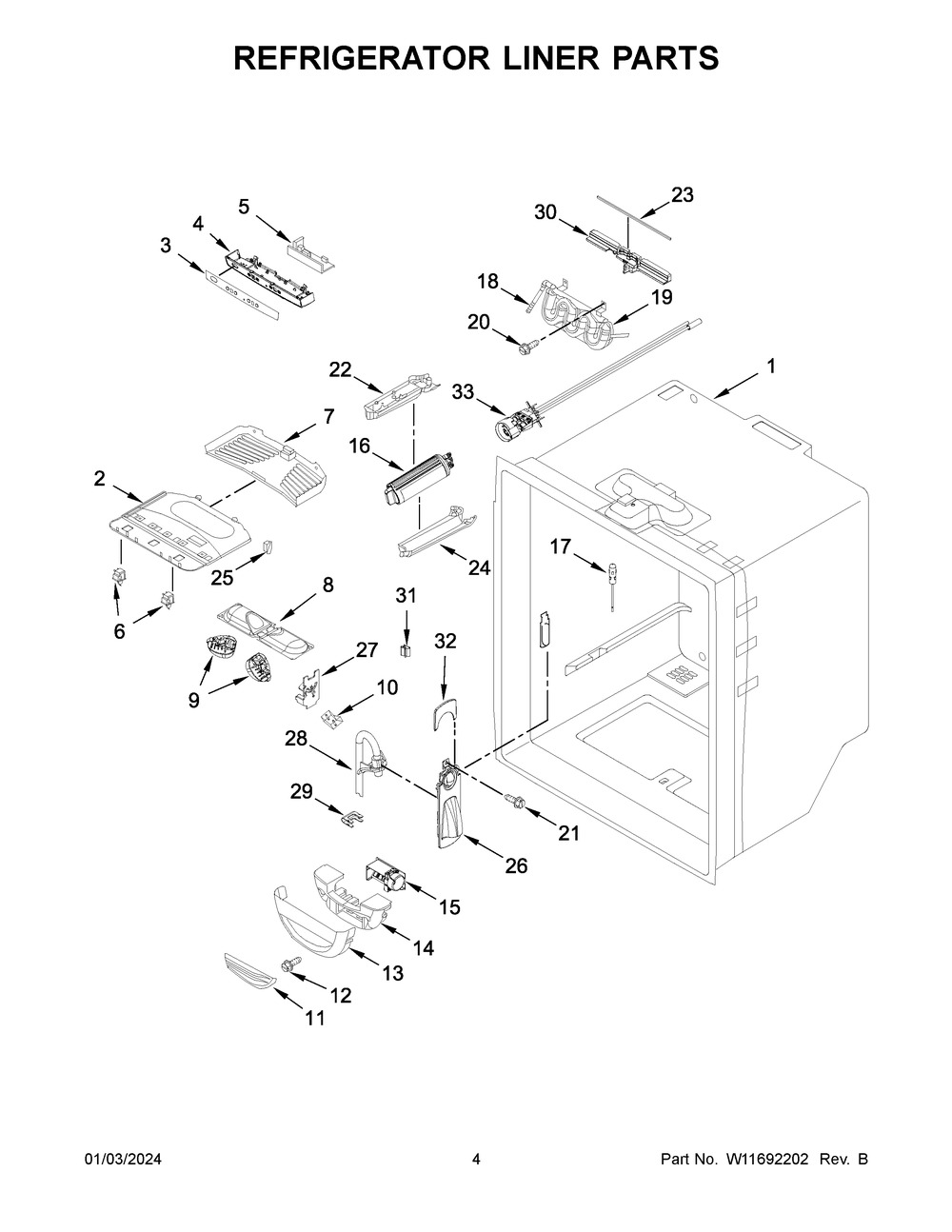 Refrigerator Liner Parts Diagram and Parts List for WRF535SWHZ11  Whirlpool Refrigerator