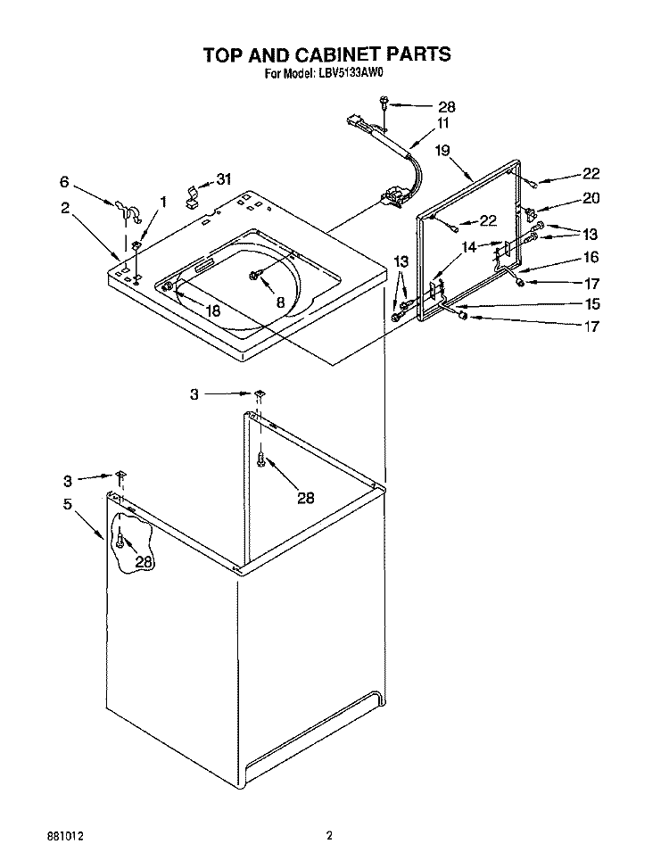 TOP AND CABINET, LIT/OPTIONAL Diagram and Parts List for LBV5133AN0  Whirlpool Washer