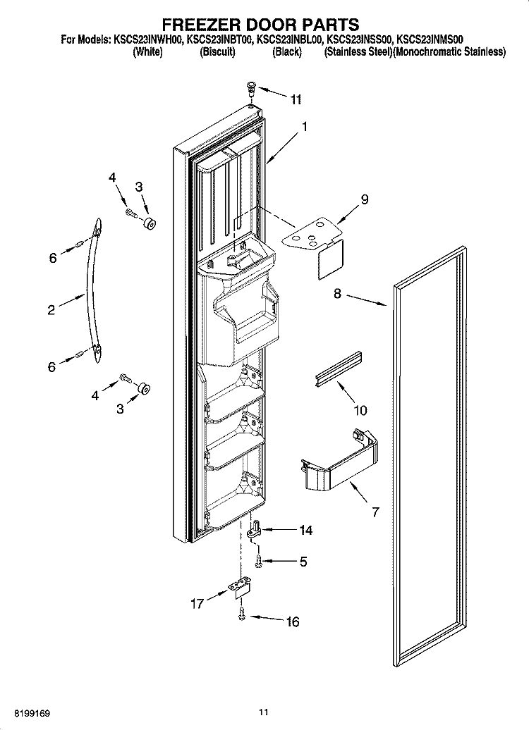 FREEZER DOOR PARTS Diagram and Parts List for KSCS23INBL00  KitchenAid Refrigerator