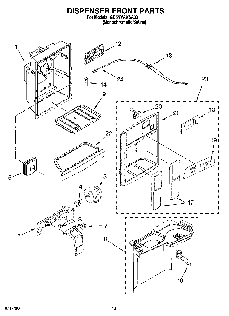 DISPENSER FRONT PARTS Diagram and Parts List for GD5NVAXSA00  Whirlpool Refrigerator