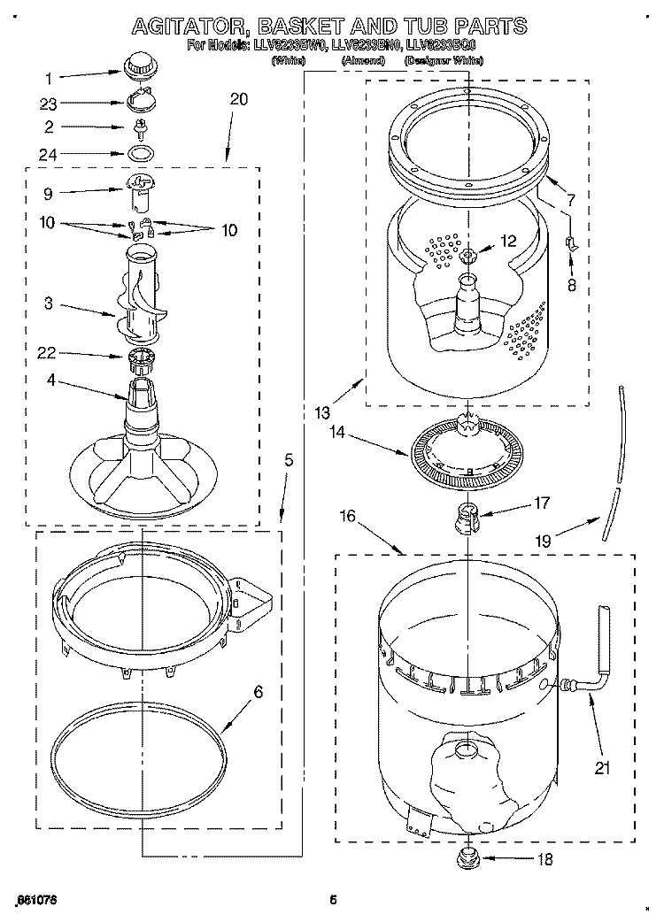 AGITATOR, BASKET AND TUB Diagram and Parts List for LLV8233BN0  Whirlpool Washer