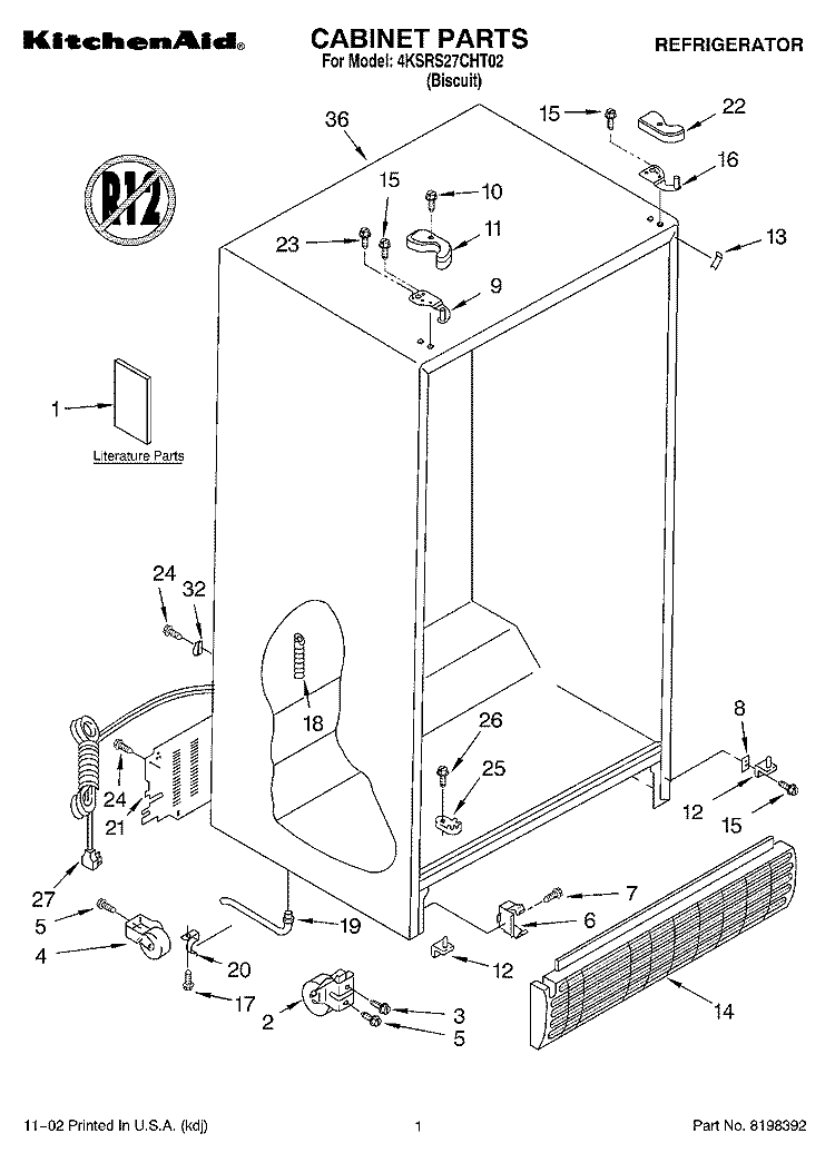 CABINET, LITERATURE Diagram and Parts List for 4KSRS27CHT02  KitchenAid Refrigerator