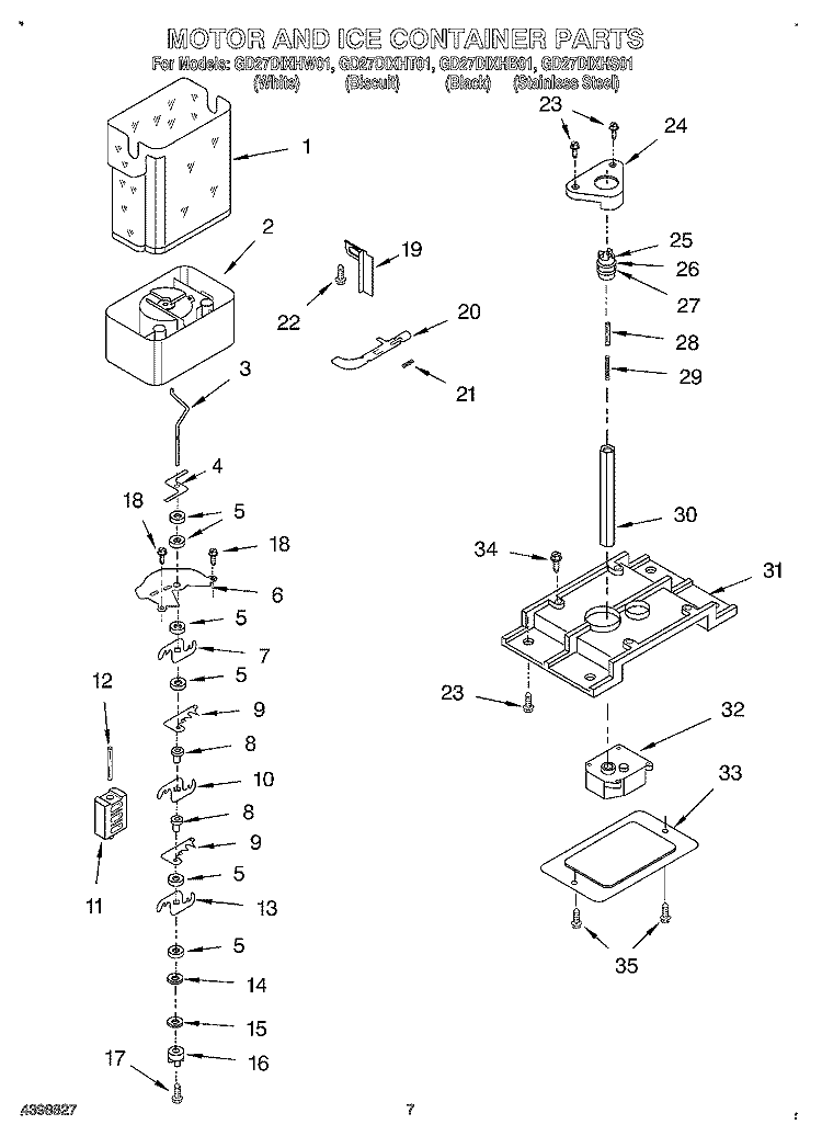 MOTOR AND ICE CONTAINER Diagram and Parts List for GD27DIXHW01  Whirlpool Refrigerator