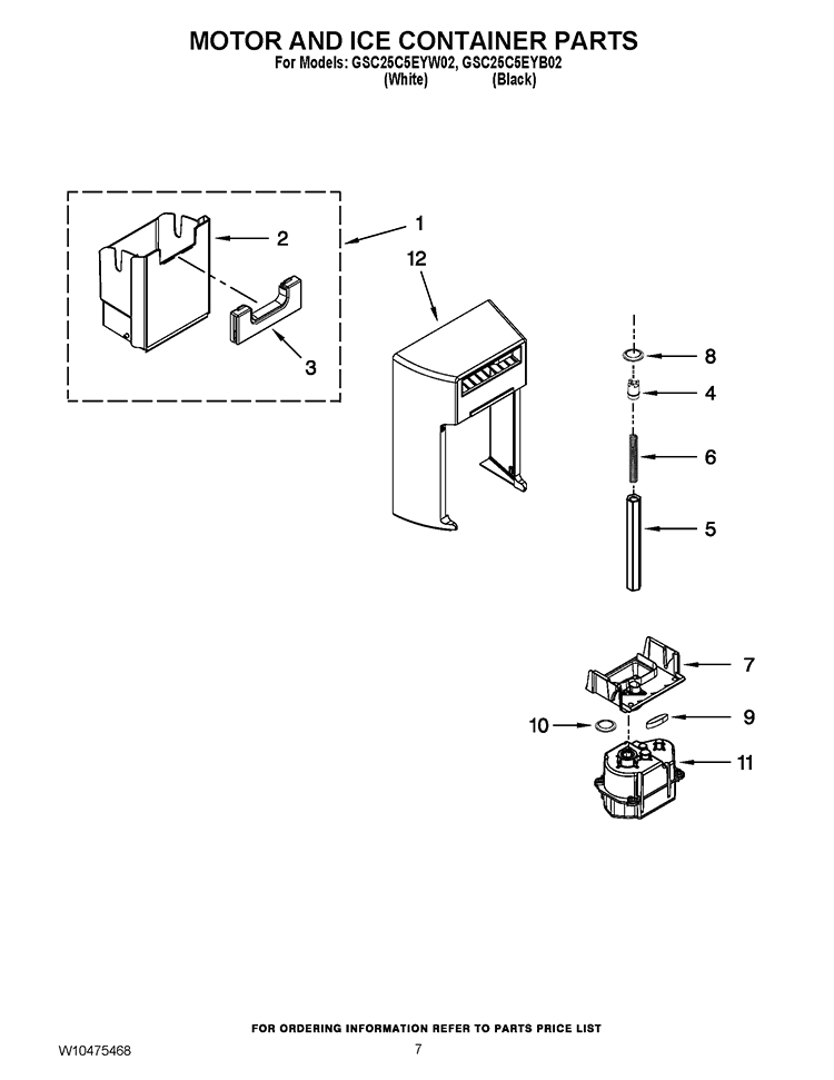 MOTOR AND ICE CONTAINER PARTS Diagram and Parts List for GSC25C5EYB02  Whirlpool Refrigerator