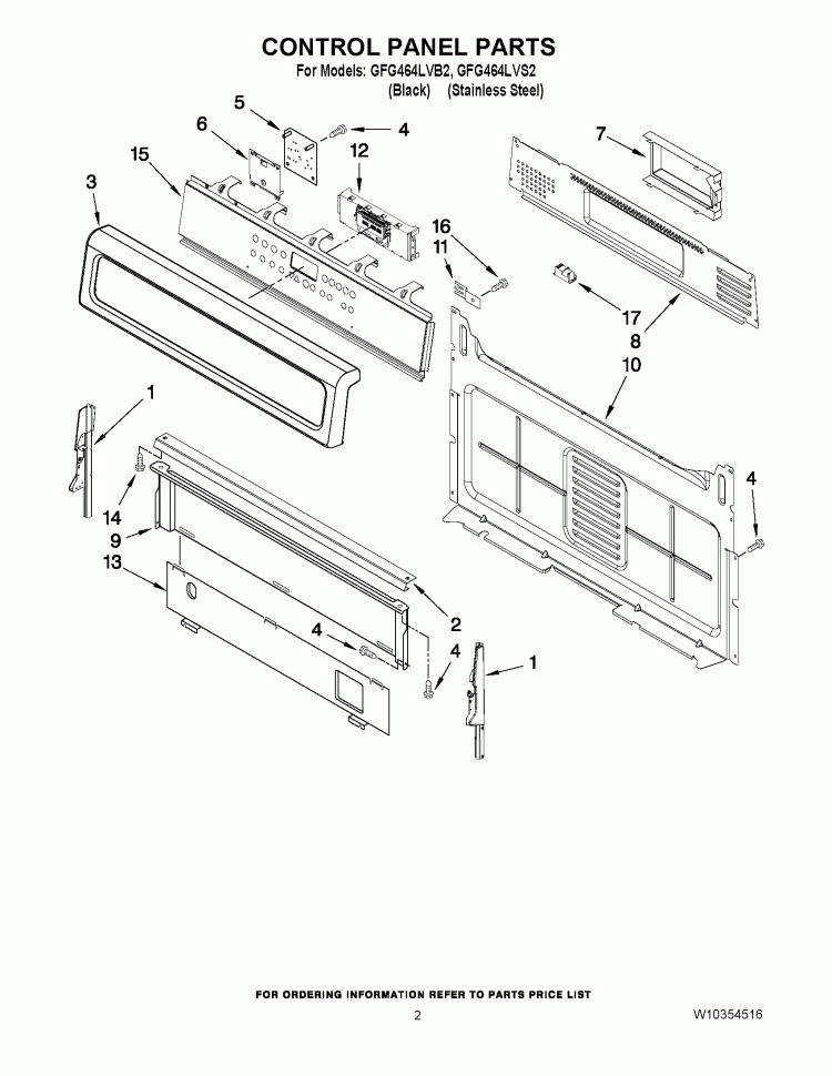 CONTROL PANEL PARTS Diagram and Parts List for GFG464LVB2  Whirlpool Range