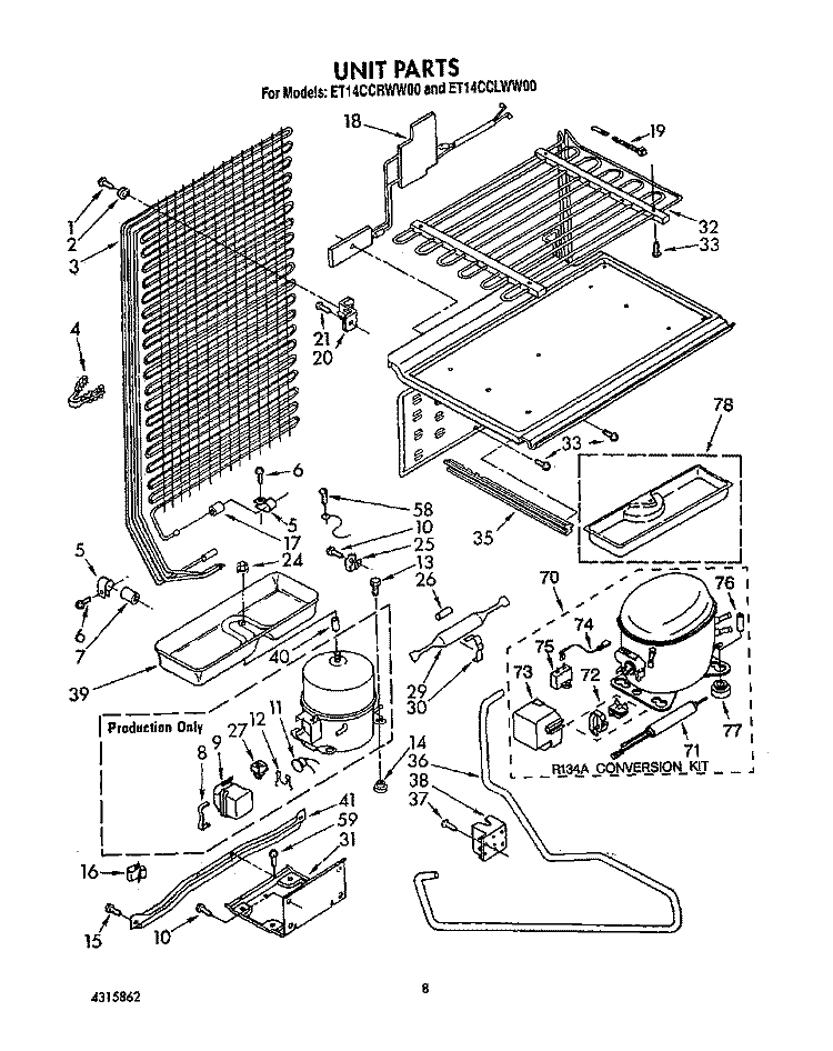 UNIT Diagram and Parts List for ET14CCRWW00  Whirlpool Refrigerator