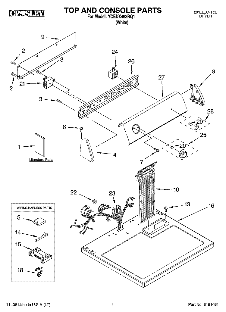 TOP AND CONSOLE PARTS Diagram and Parts List for YCEDX463RQ1  Crosley Dryer