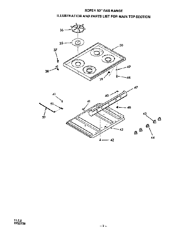 Main Top Diagram and Parts List for 1303*0A  Roper Range