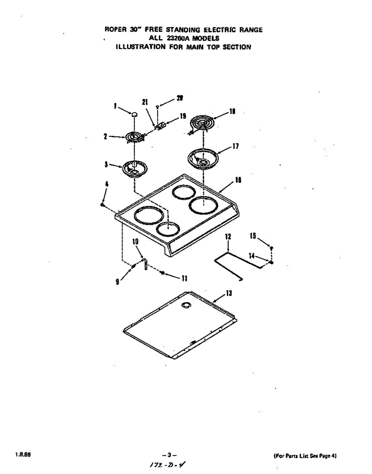 Main Top Diagram and Parts List for 2326*0A  Roper Range