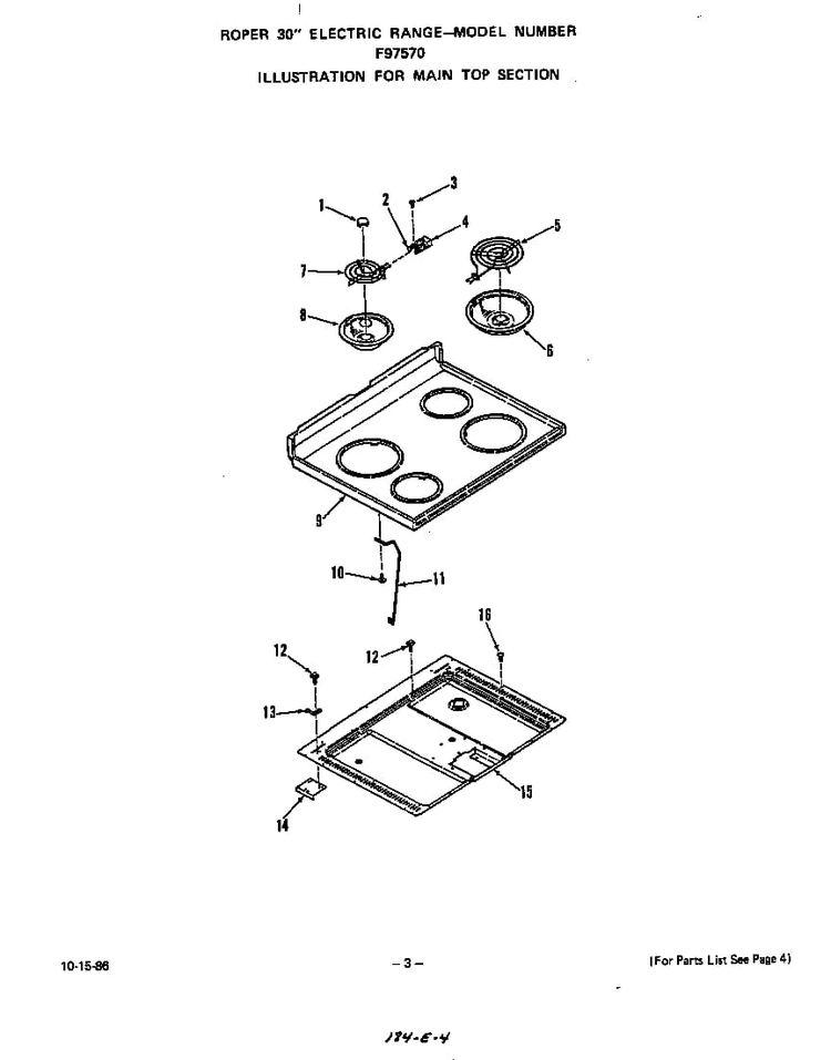 Main Top Diagram and Parts List for F9757*0  Roper Range