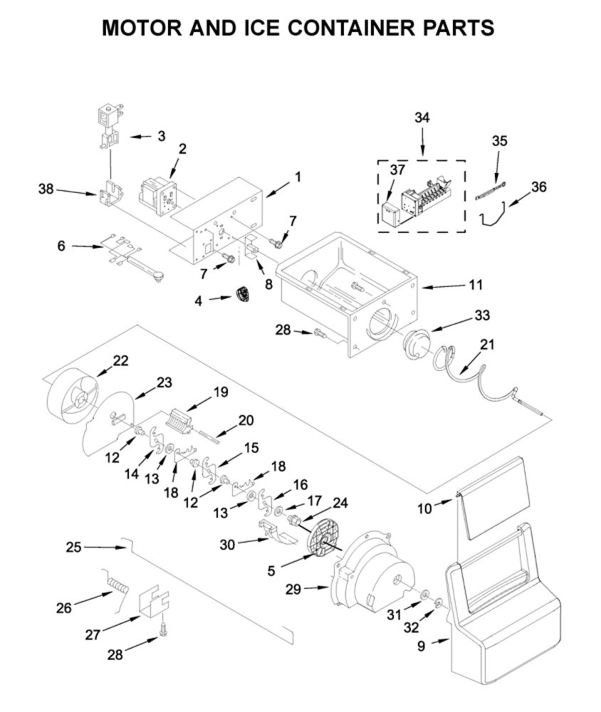 Motor And Ice Container Parts Diagram and Parts List for 10651752714  Kenmore Refrigerator