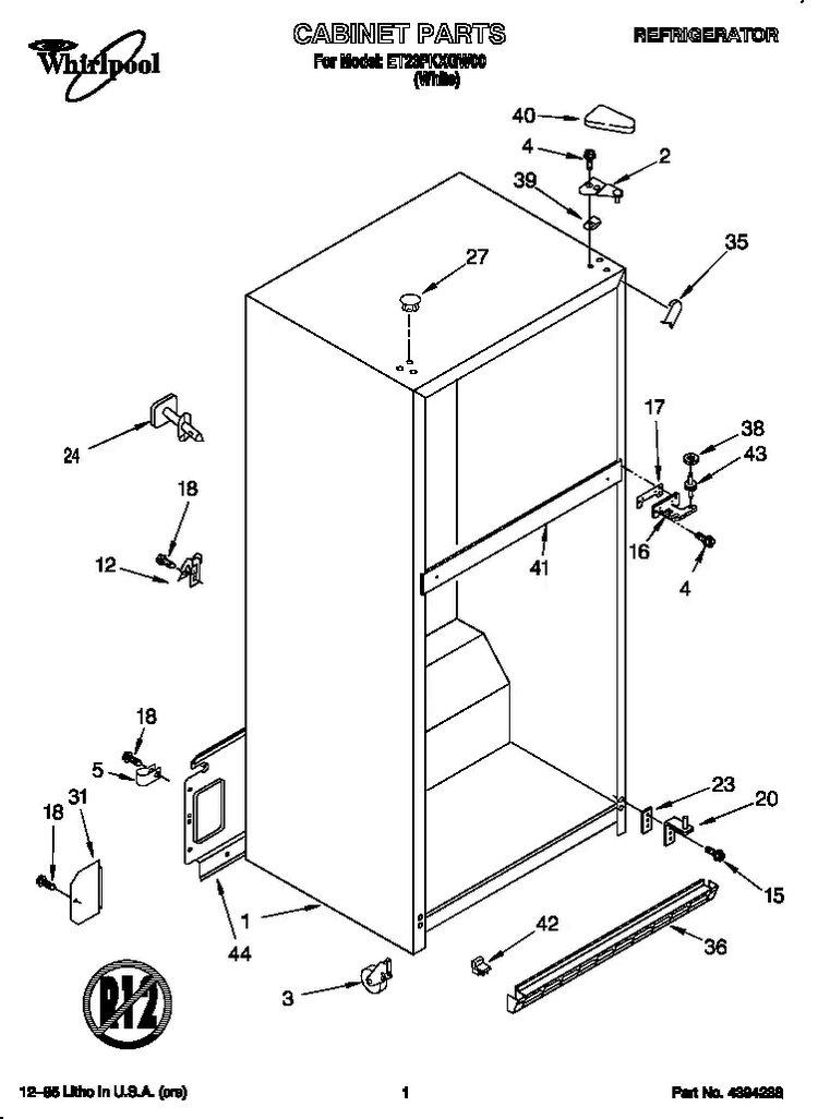 Cabinet Diagram and Parts List for ET23PKXGW00  Whirlpool Refrigerator