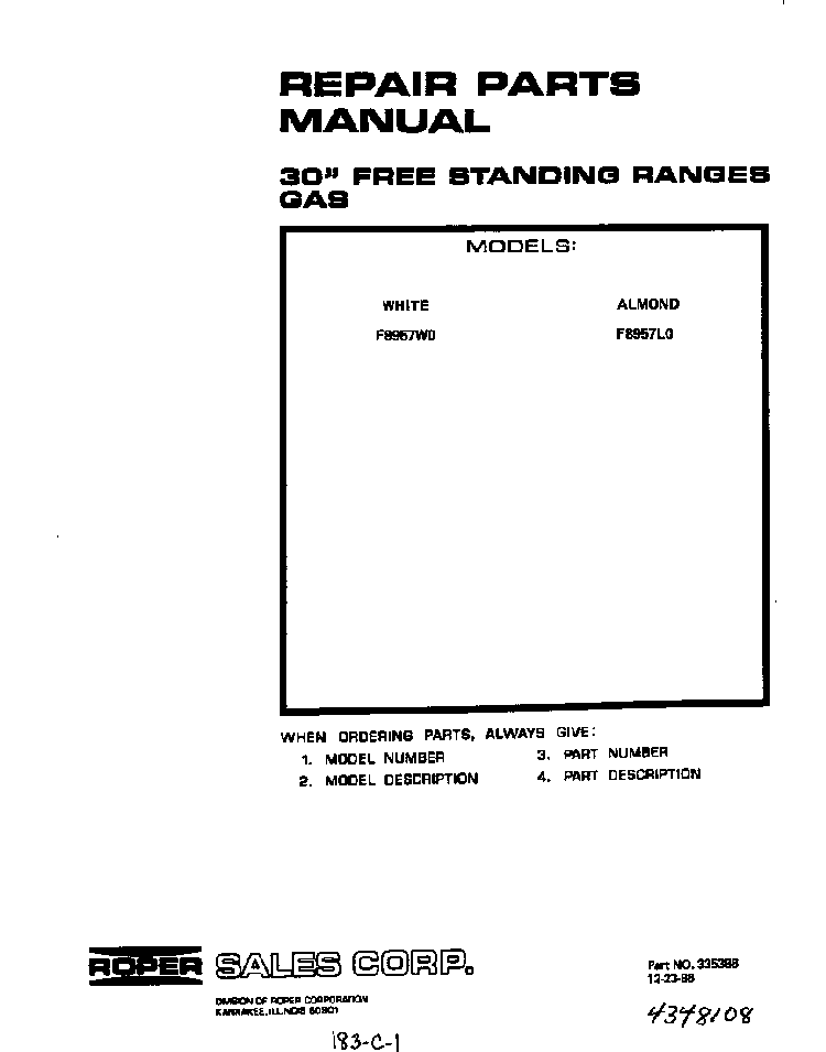 Cover Page-text Only Diagram and Parts List for F8957*0  Roper Range
