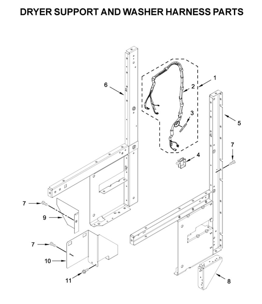 Dryer Support And Washer Harness Parts Diagram and Parts List for 7MWGT4027HW1  Whirlpool Washer Dryer Combo