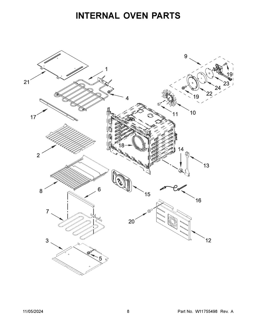 05 - Internal Oven Parts Diagram and Parts List for JMW2430LM04  Whirlpool Microwave Oven Combo