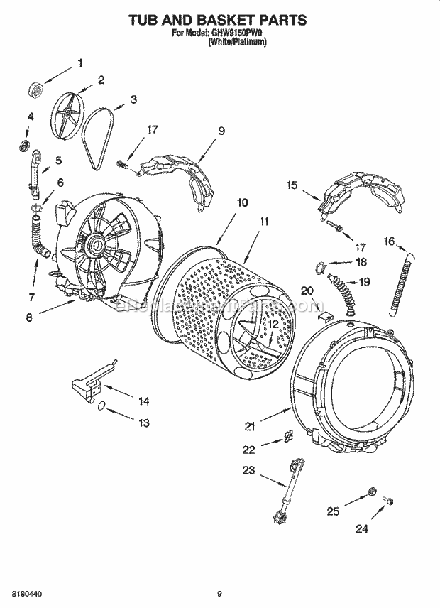 TUB AND BASKET PARTS Diagram and Parts List for GHW9150PW0  Whirlpool Washer
