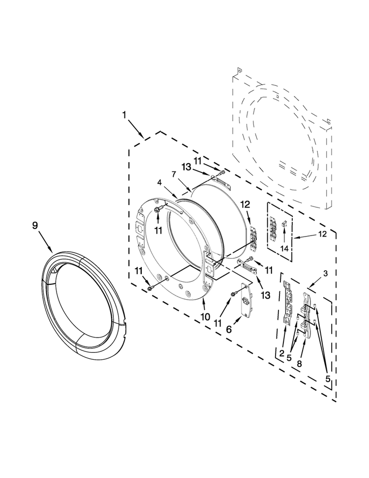 Door Parts Diagram and Parts List for WED8740DC1  Whirlpool Dryer