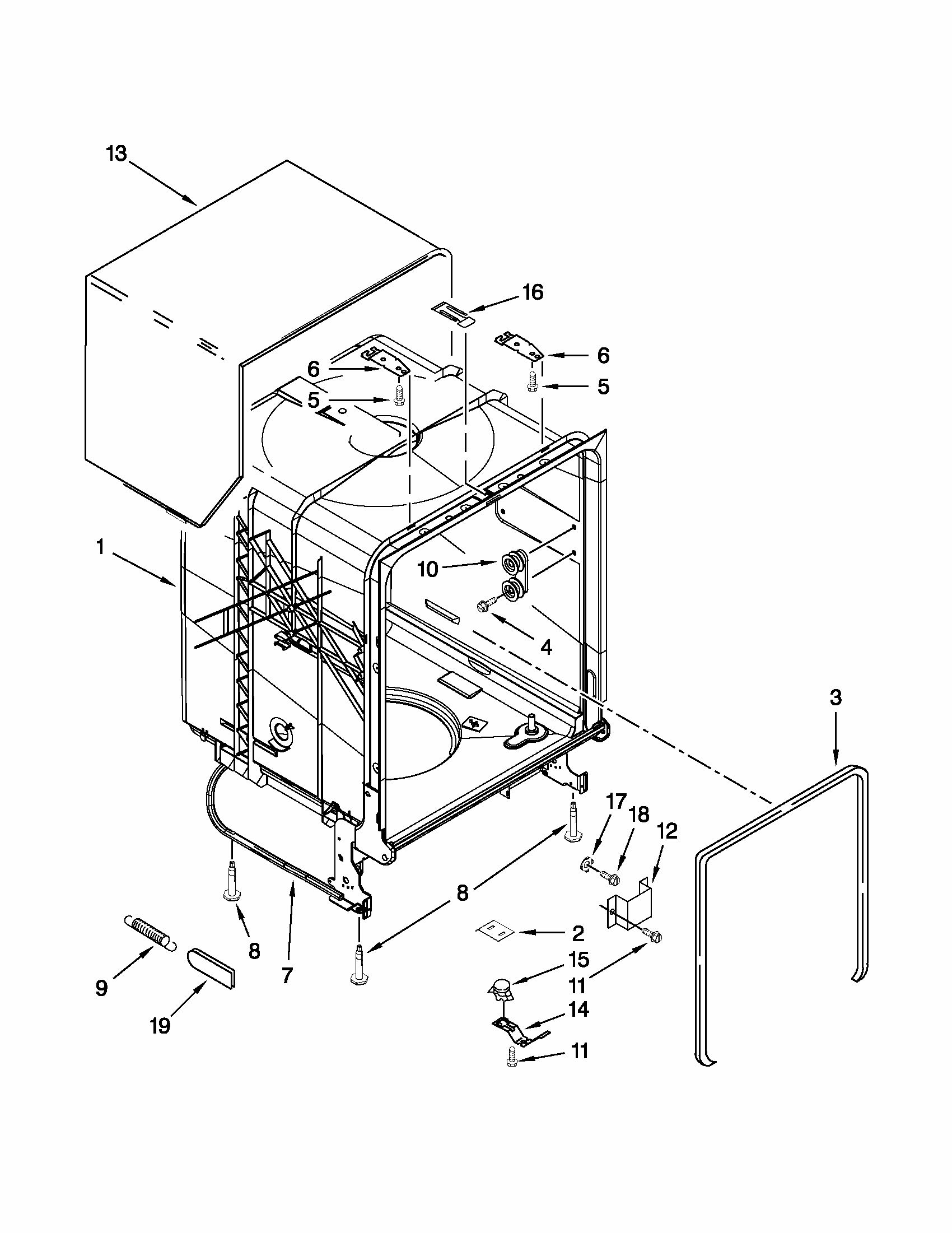 Tub And Frame Parts Diagram and Parts List for 66513272K115  Kenmore Dishwasher