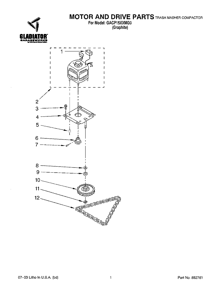 MOTOR AND DRIVE PARTS Diagram and Parts List for GACP15XXMG0  Whirlpool Trash Compactor