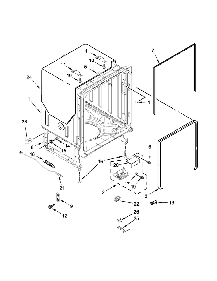 Tub And Frame Parts Diagram and Parts List for KDTE304DPA2  KitchenAid Dishwasher