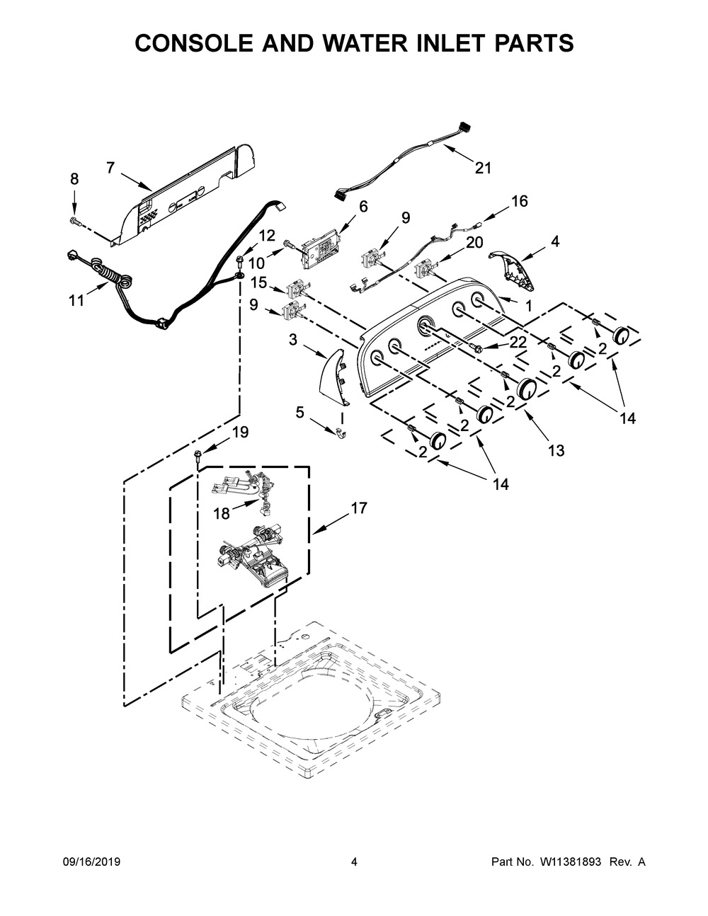 Console And Water Inlet Parts Diagram and Parts List for WTW5000DW3  Whirlpool Washer