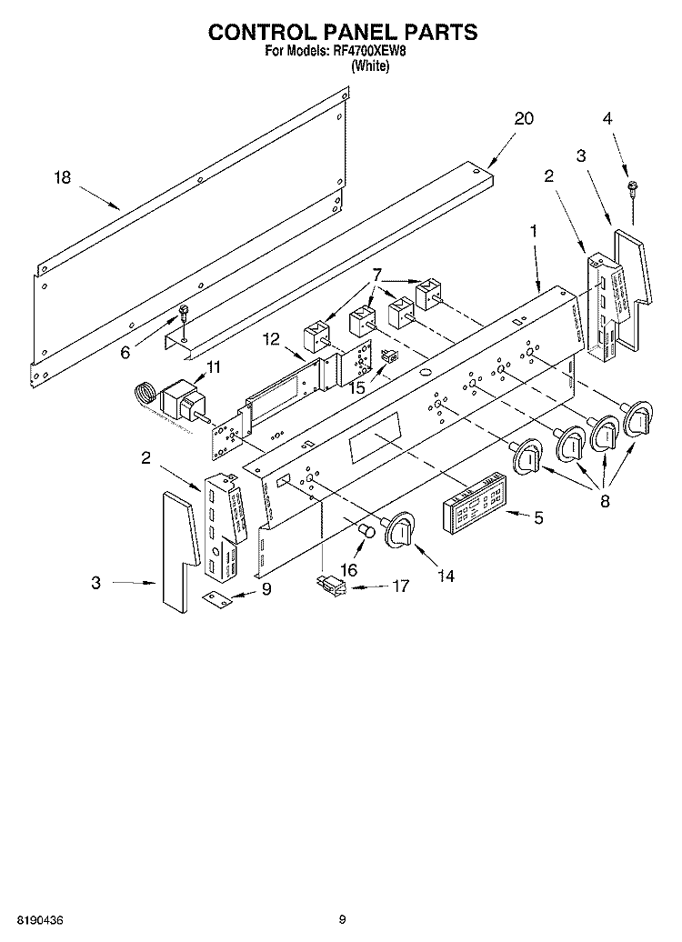 CONTROL PANEL PARTS, OPTIONAL PARTS Diagram and Parts List for RF4700XEW8  Whirlpool Range