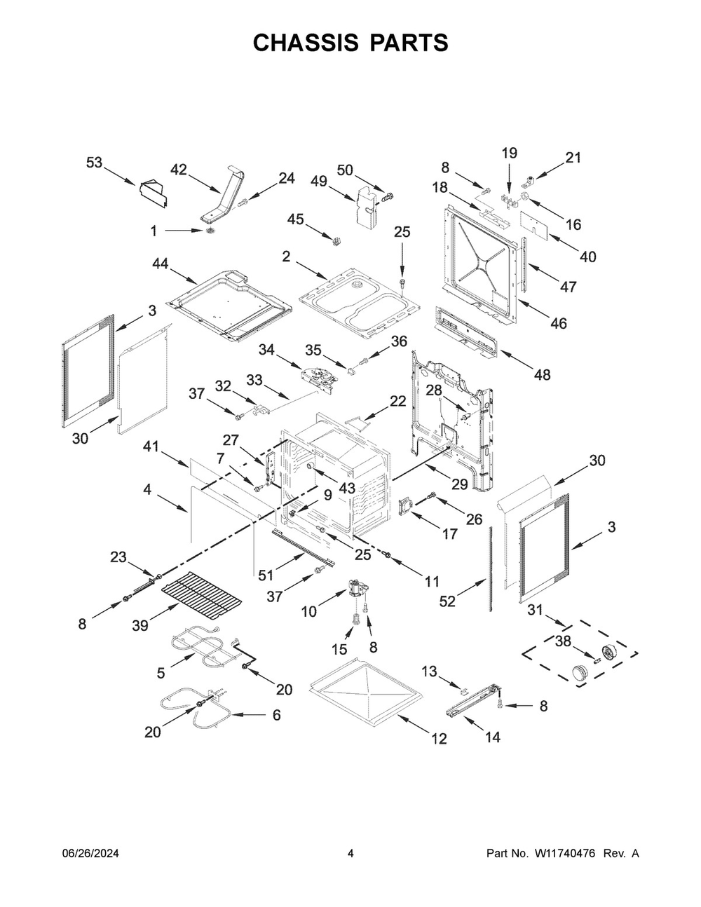 03 - Chassis Parts Diagram and Parts List for WEC310S0LW3  Whirlpool Range