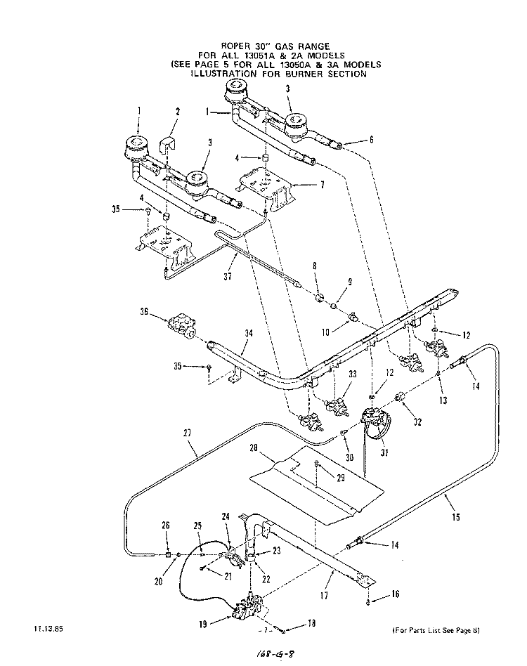 BODY Diagram and Parts List for 1305W0A  Roper Range
